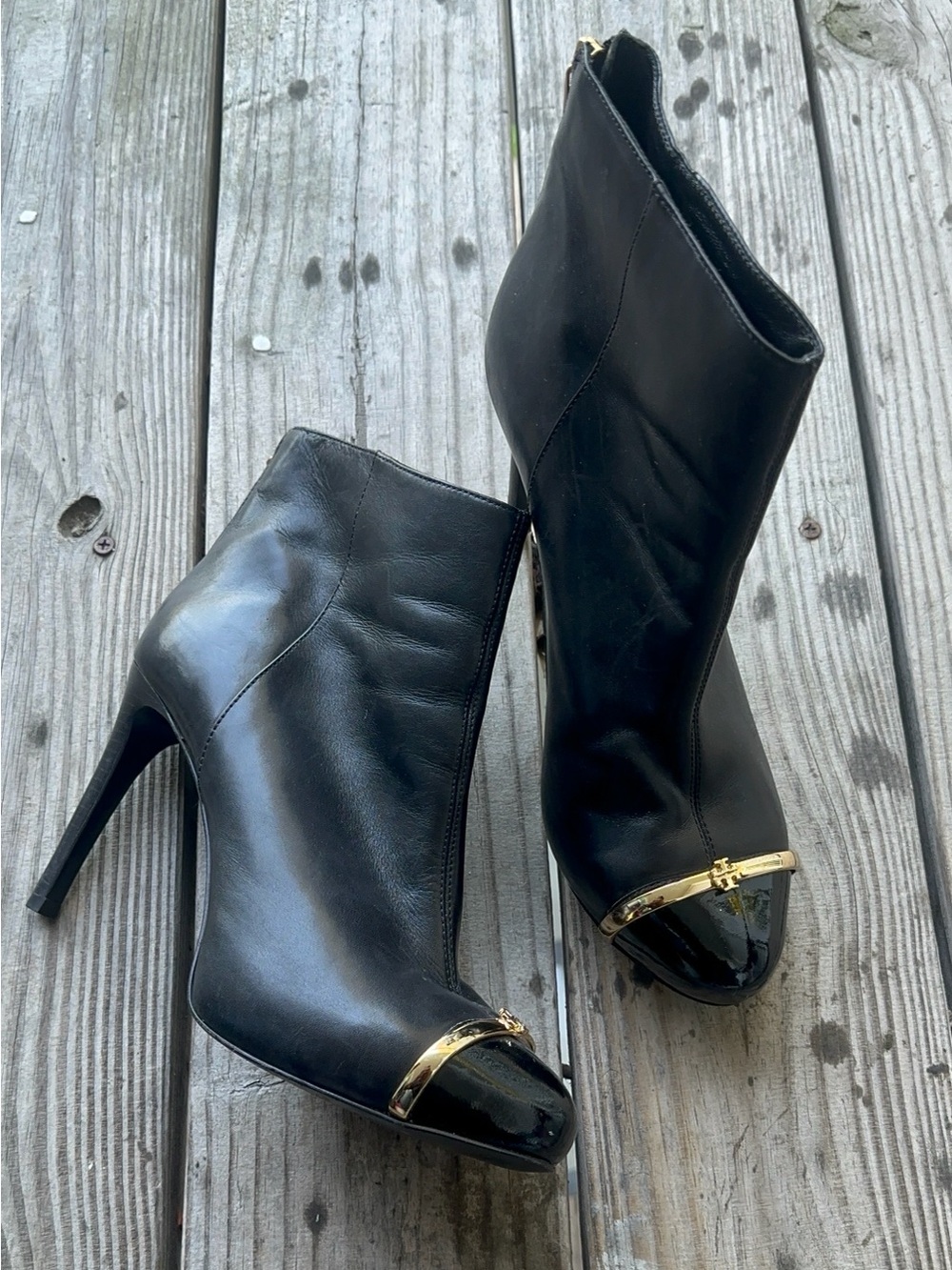 Tory Burch Black Leather Stiletto Ankle Boots with Gold Toe Bar